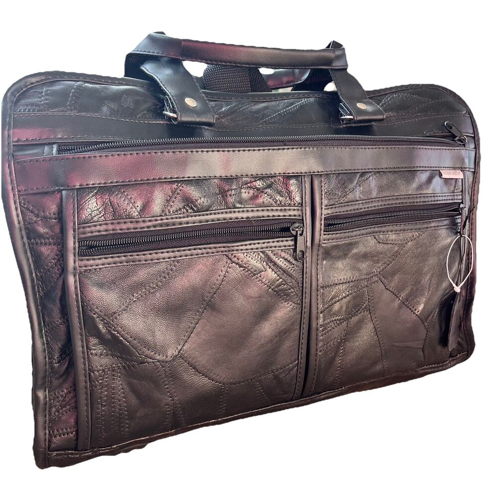 Vintage Y2K Black Leather Patchwork Briefcase Laptop Bag Large Pockets Organizer